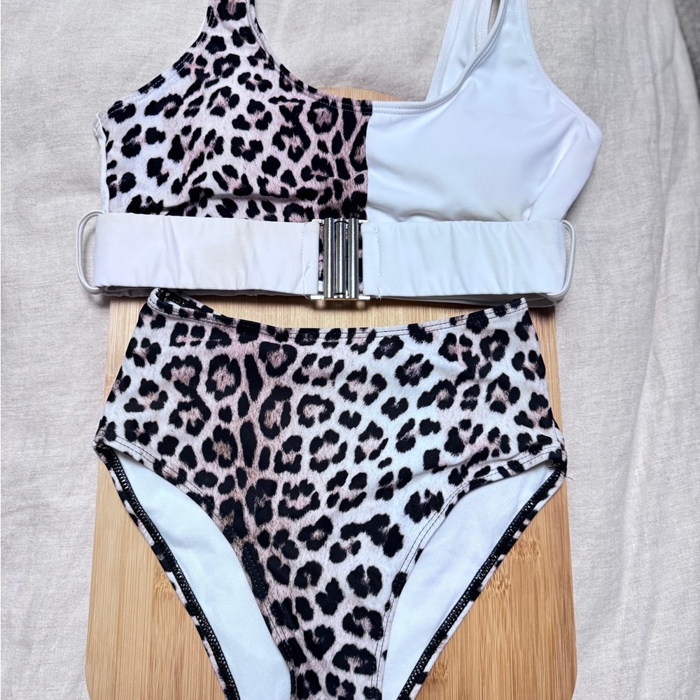 Leopard Print and White Swimsuit with Belt